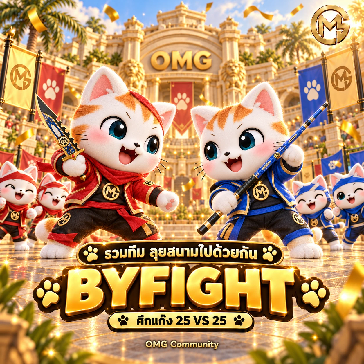 มาสคอตแมวสองทีมในสนามเมืองสีทอง พร้อมข้อความ BYFIGHT ศึกแก๊ง 25 VS 25